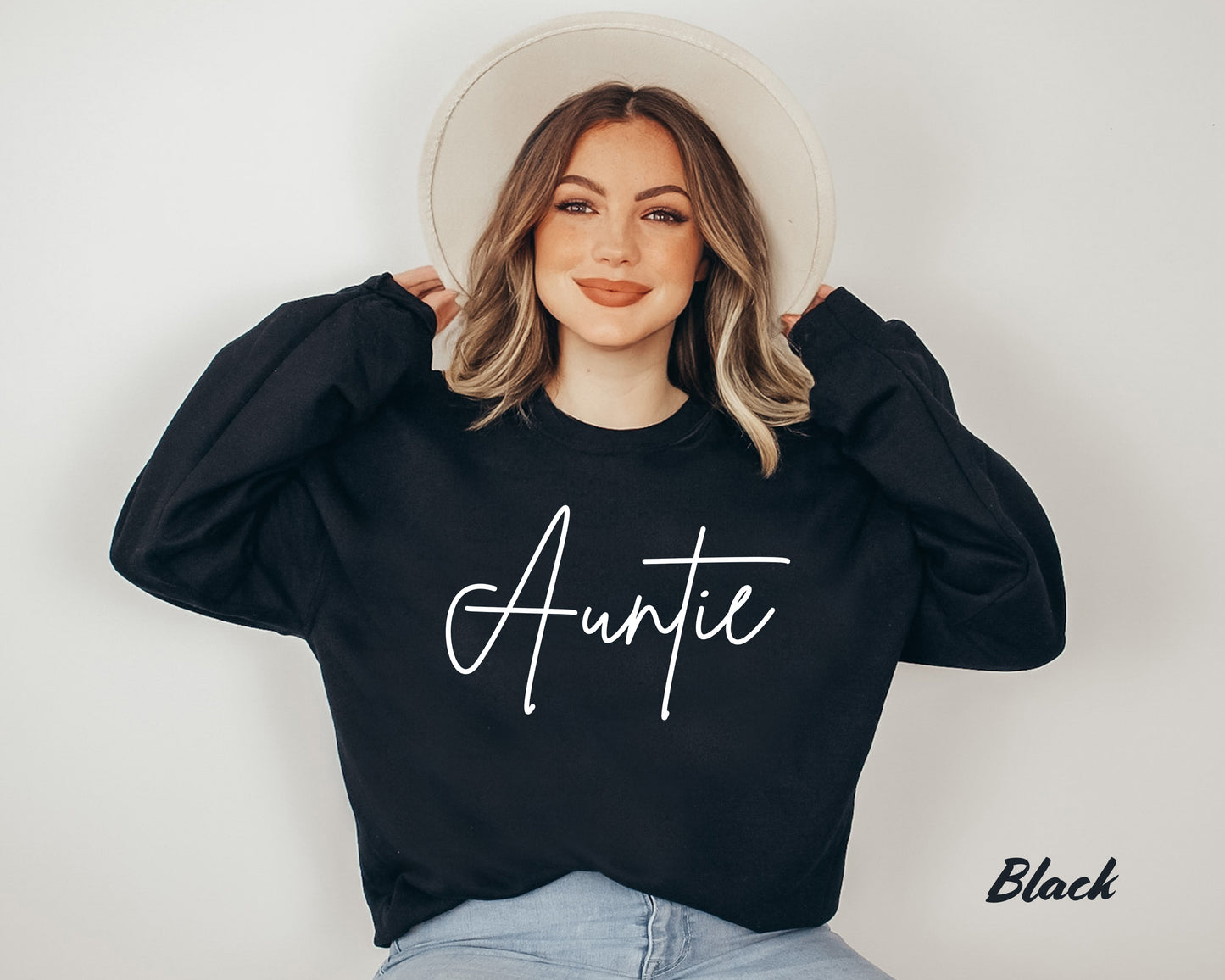 Custom Auntie Embossed Sweatshirt with Name on Sleeve