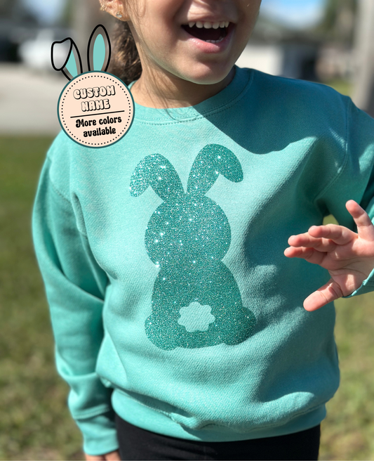 Custom Glitter Bunny Easter Sweatshirt with Name on Sleeve for toddlers