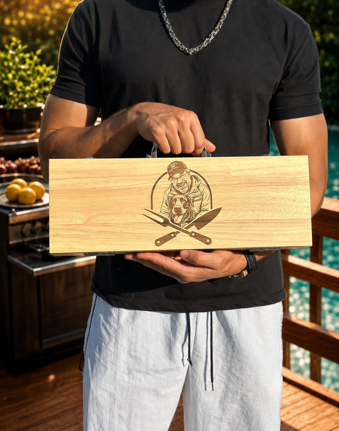 Personalized BBQ Tool Set in Wood Case - 11-piece BBQ Grill Set