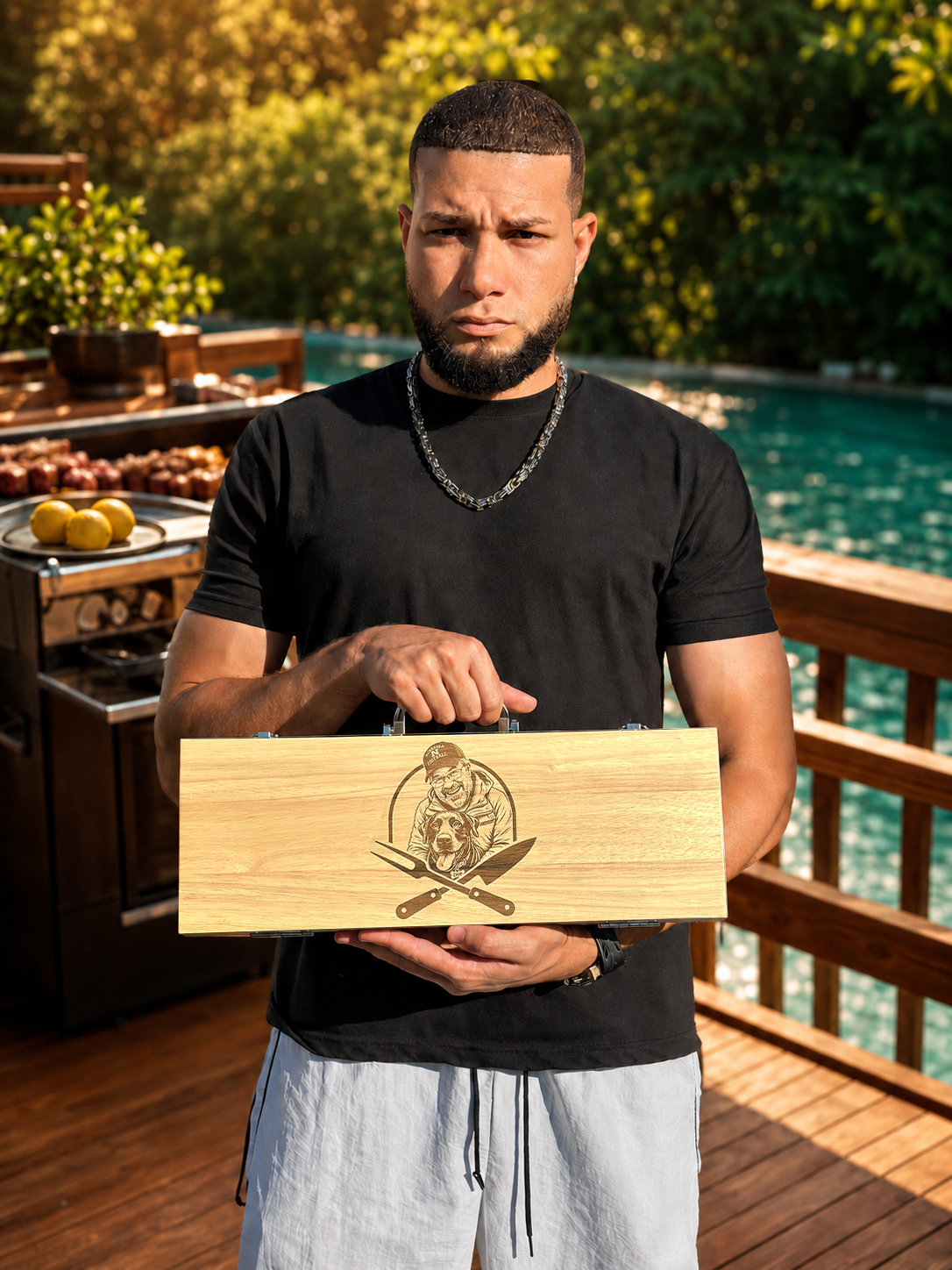 Personalized BBQ Tool Set in Wood Case - 11-piece BBQ Grill Set