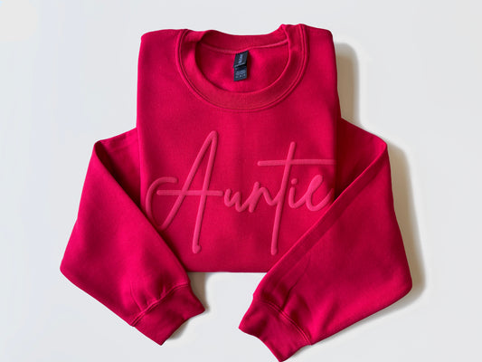 Custom Auntie Embossed Sweatshirt with Name on Sleeve