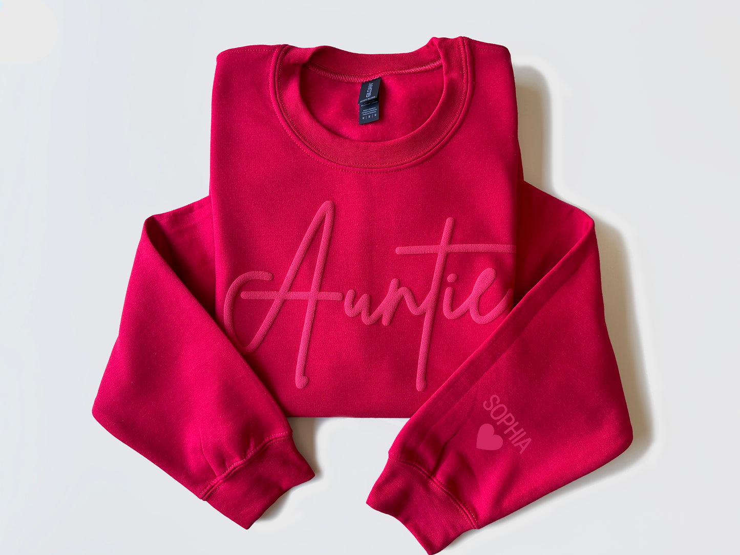 Custom Auntie Embossed Sweatshirt with Name on Sleeve