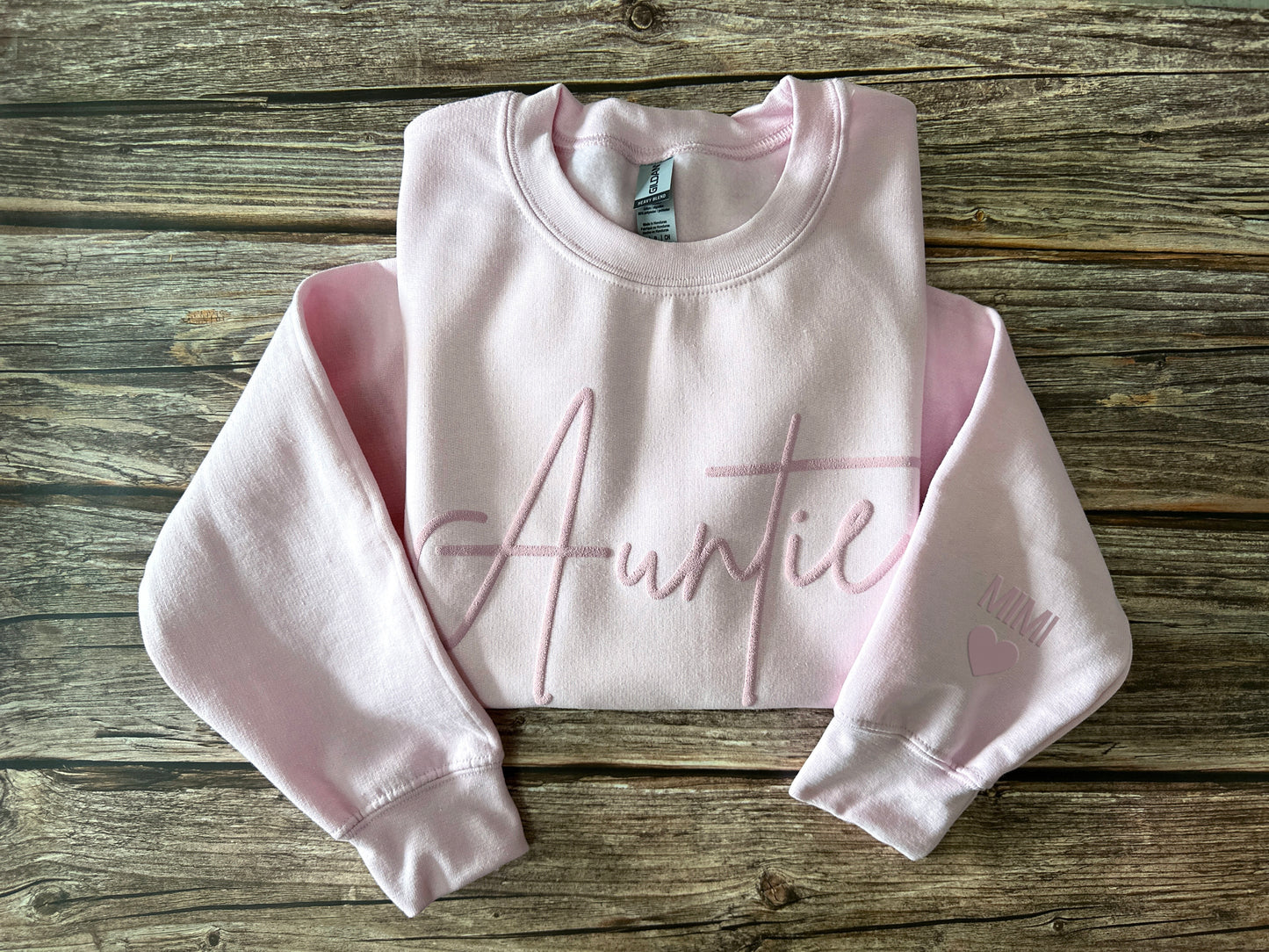 Custom Auntie Embossed Sweatshirt with Name on Sleeve