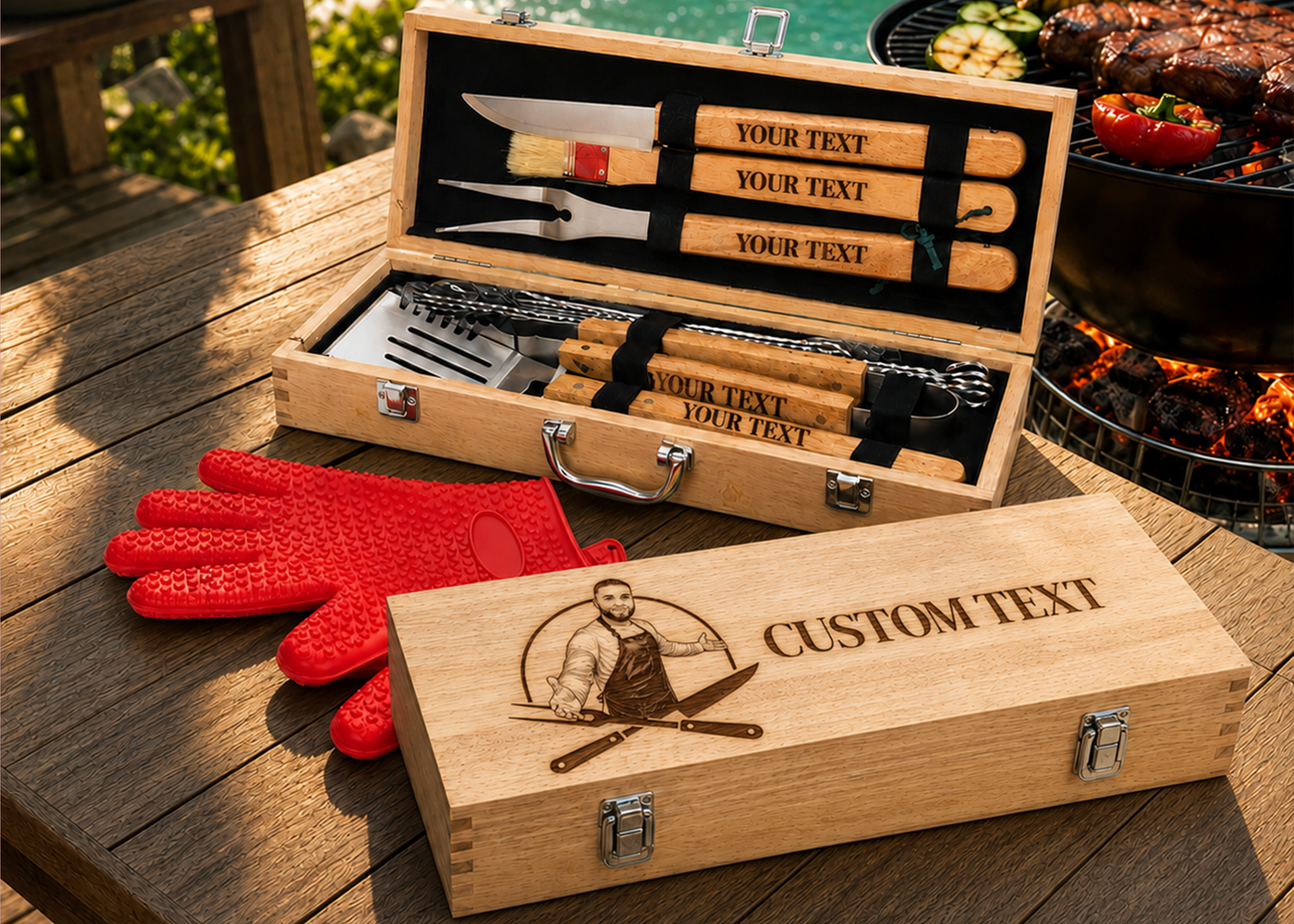 Personalized BBQ Tool Set in Wood Case - 11-piece BBQ Grill Set