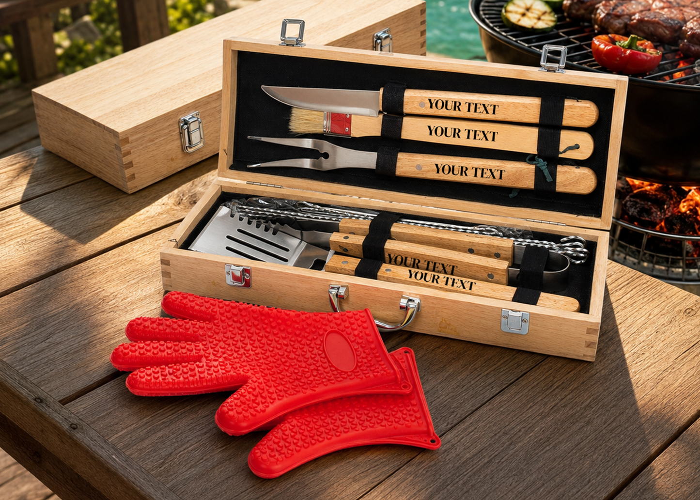 Personalized BBQ Tool Set in Wood Case - 11-piece BBQ Grill Set