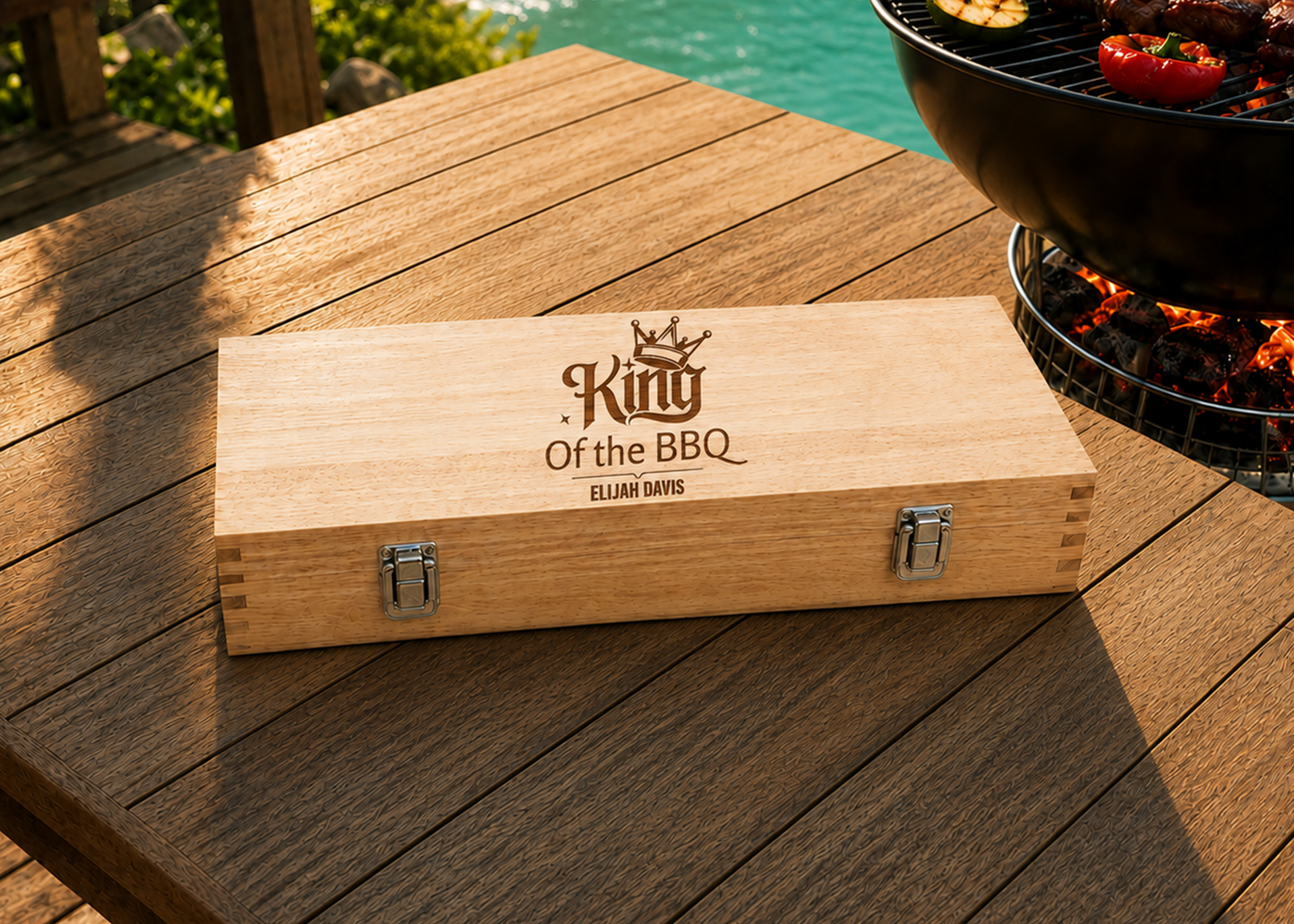 Personalized BBQ Tool Set in Wood Case - 11-piece BBQ Grill Set