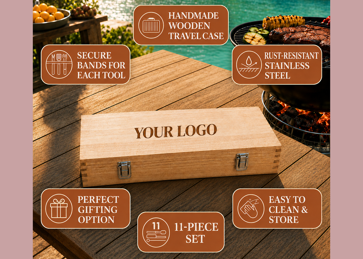 Personalized BBQ Tool Set in Wood Case - 11-piece BBQ Grill Set