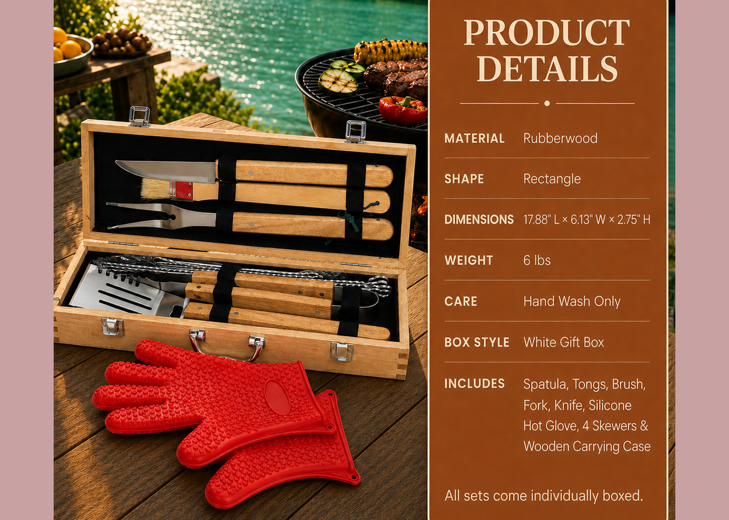 Personalized BBQ Tool Set in Wood Case - 11-piece BBQ Grill Set