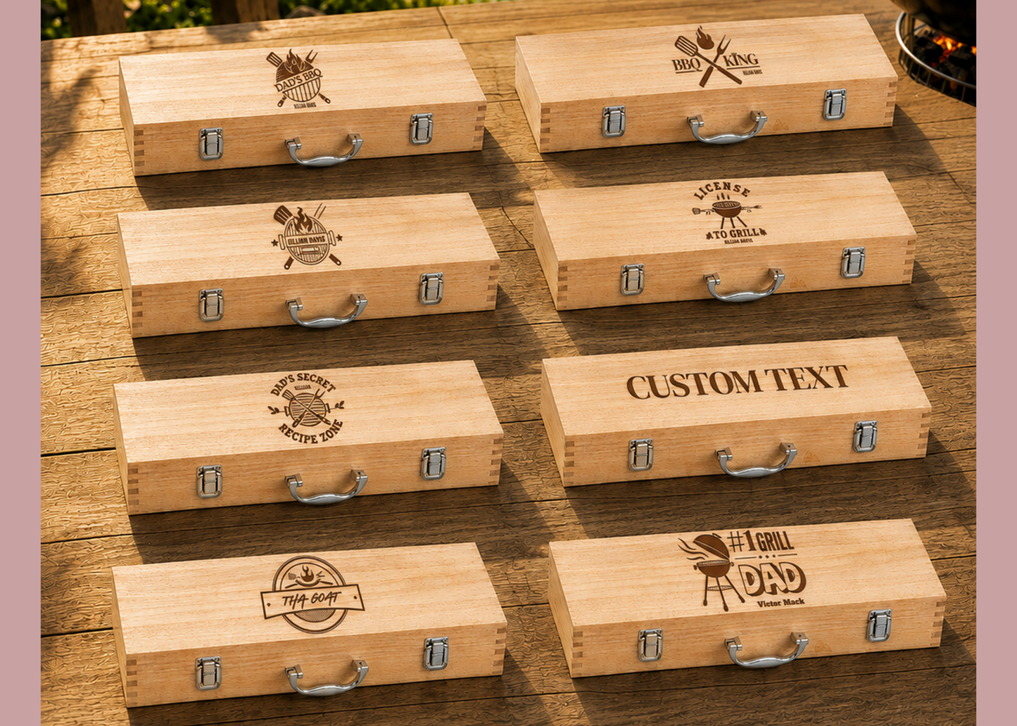Personalized BBQ Tool Set in Wood Case - 11-piece BBQ Grill Set